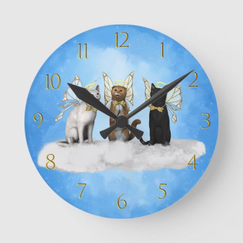 Angel Kitty Choir Sitting On A Cloud Round Clock