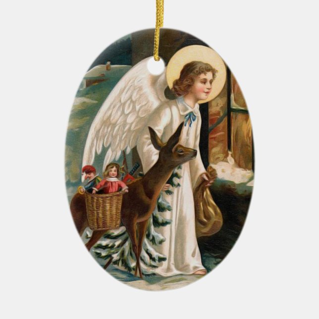 Angel Looking into Window with Deer Christmas Ceramic Ornament (Front)