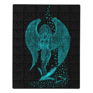 Angel lost in Love , black and green Design Jigsaw Puzzle