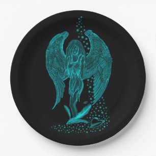 Angel lost in Love , black and green Design Paper Plates
