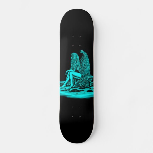 Angel , lost in thought , black and green Design Skateboard (Front)