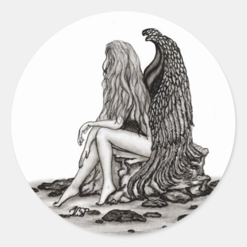 Angel  lost in thought  black and white Design Classic Round Sticker