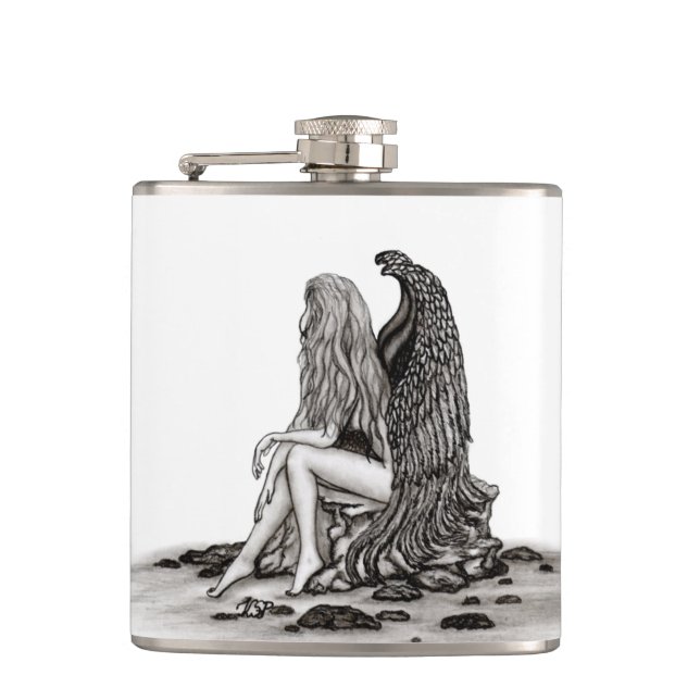 Angel , lost in thought , black and white Design Flask (Front)