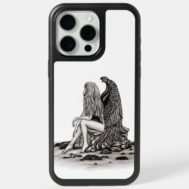 Angel , lost in thought , black and white Design iPhone 15 Pro Max Case (Back)