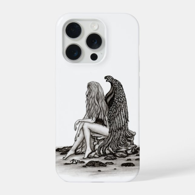 Angel , lost in thought , black and white Design iPhone Case (Back)