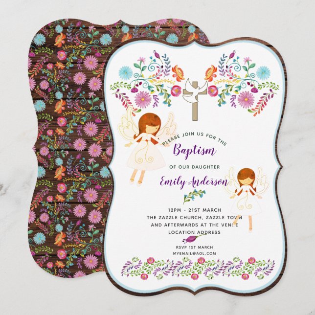 Angel Love Baptism Invitation with Folk Flowers (Front/Back)