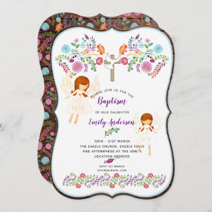 Angel Love Baptism Invitation with Folk Flowers