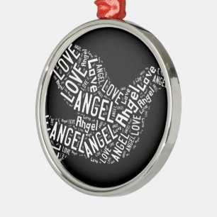 Angel Love Dove, White on Black Metal Ornament