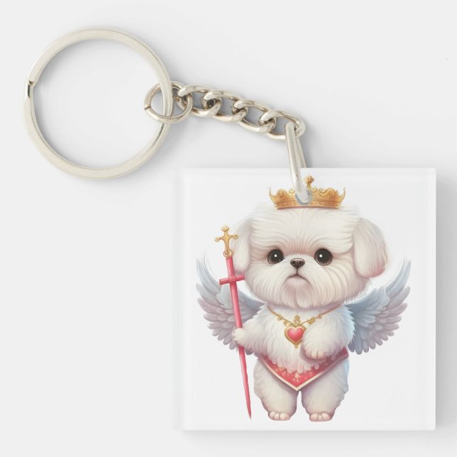 Angel Maltese Puppy, Maltes dog lovers and owners Keychain (Front)