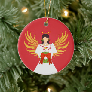 Angel Merry Christmas Red Green Wreath Wings Gift Ceramic Ornament