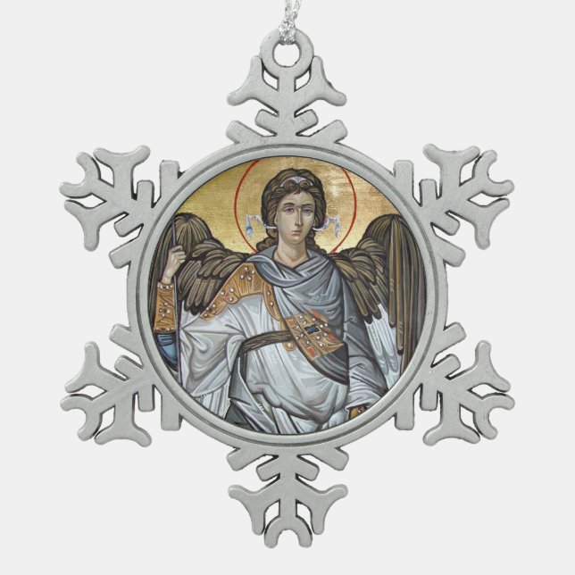 Angel Michael Snowflake Pewter Christmas Ornament (Front)