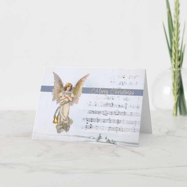 Angel Music Merry Christmas Blue Sky Snow Holiday Card (Front)