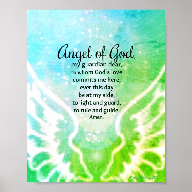 Angel of God Guardian Prayer Blue Green Watercolor Poster (Front)