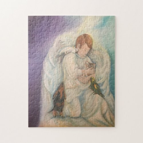 Angel of Pets holding cat doxie  amazon parrot Jigsaw Puzzle