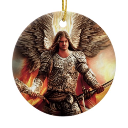 Angel Of Protection In Armor Watercolor Orange Ceramic Ornament