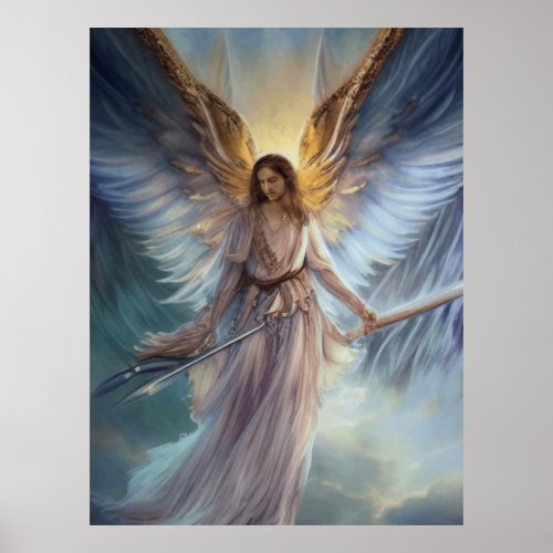 Angel Of Protection In Light Blue Watercolor  Poster