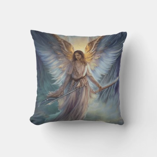 Angel Of Protection In Light Blue Watercolor  Throw Pillow
