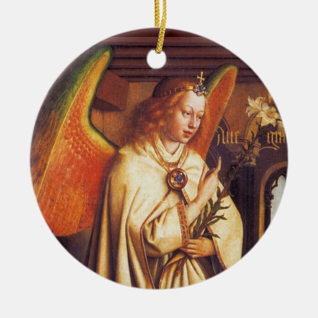 Angel of the Annunciation Red Gemstone Christmas Ceramic Ornament (Front)
