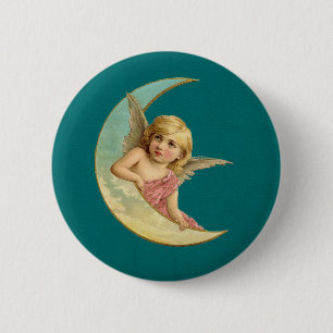 Angel on a crescent moon vintage image pinback button