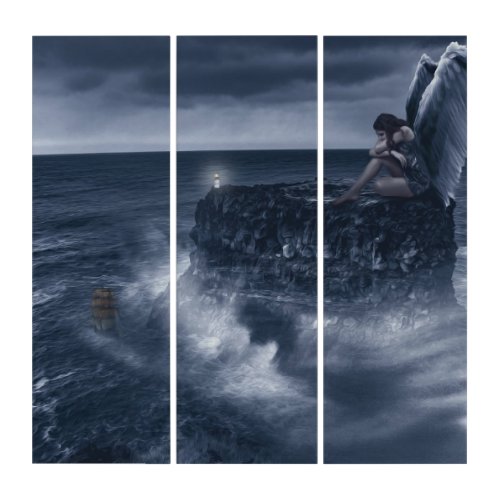 Angel on Cliff Overlooks Lighthouse  Ship at Sea Triptych