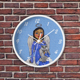 Angel on Cloud Holding White Angel Cat Silver Halo Clock