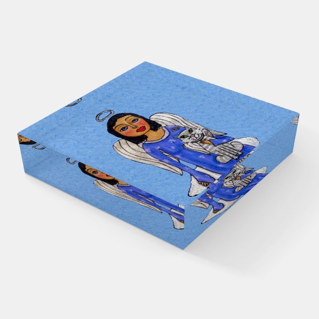 Angel on Cloud white Angel Cat Silver Halos Blue Paperweight (Angled)