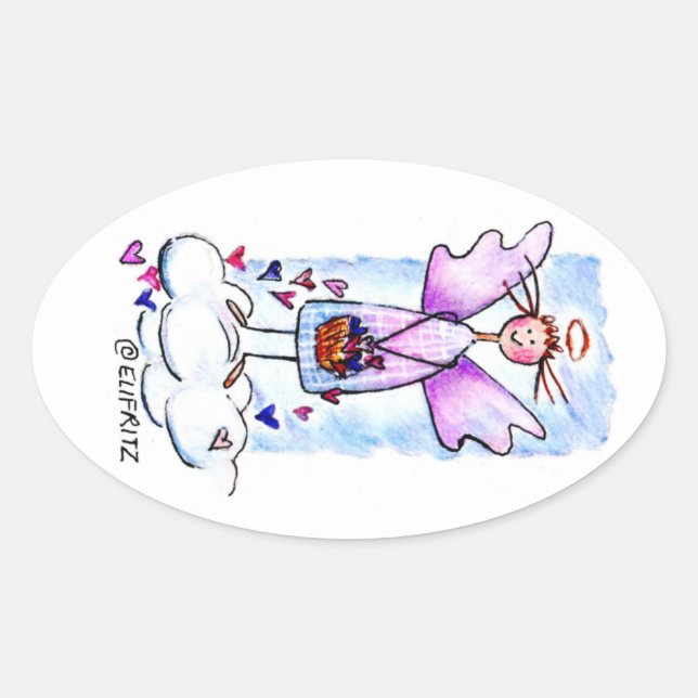 Angel on White Cloud with Basket of Hearts Drawing Oval Sticker (Front)