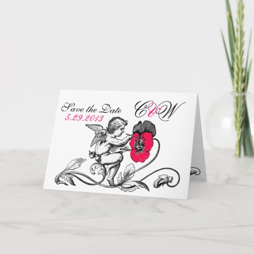 ANGEL PAINTING A FLOWER SAVE THE DATE MONOGRAM ANNOUNCEMENT