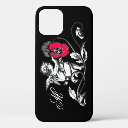 ANGEL PAINTING A PINK FLOWERMONOGRAM Black iPhone 12 Case