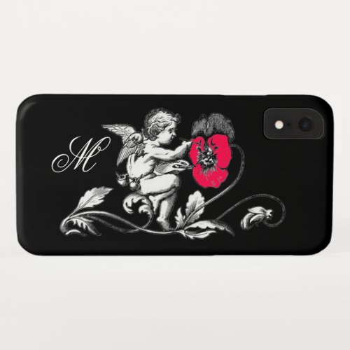 ANGEL PAINTING A PINK FLOWERMONOGRAM Black iPhone XR Case