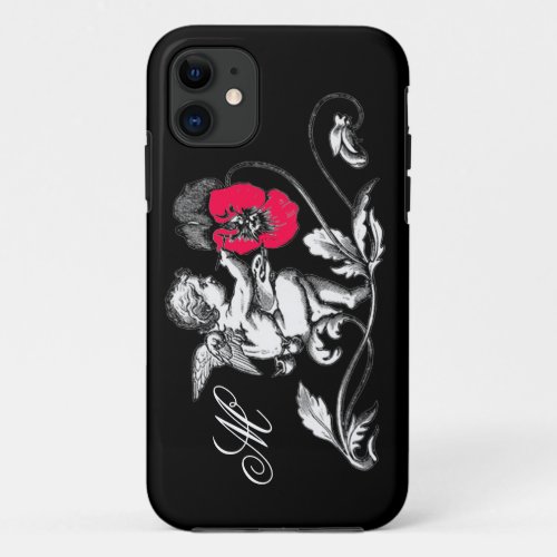 ANGEL PAINTING A PINK FLOWERMONOGRAM Black iPhone 11 Case