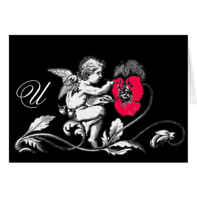 ANGEL PAINTING A PINK FLOWER  MONOGRAM CARDS (Front Horizontal)