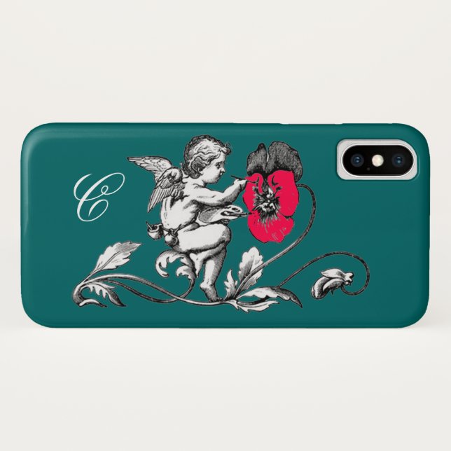 ANGEL PAINTING A PINK FLOWER,MONOGRAM ,Green Case-Mate iPhone Case (Back (Horizontal))