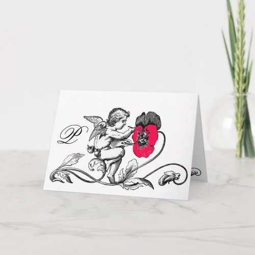 ANGEL PAINTING A PINK FLOWER  MONOGRAM NOTE CARD
