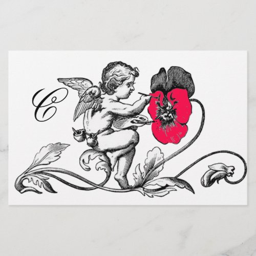 ANGEL PAINTING A PINK FLOWER MONOGRAM STATIONERY