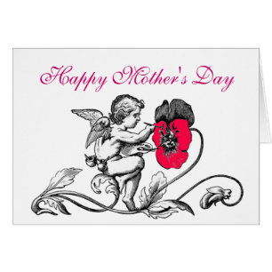 ANGEL PAINTING A PINK FLOWER MOTHER'S DAY CARDS