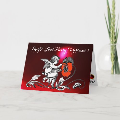 ANGEL PAINTING A RED FLOWER Black White Christmas Holiday Card