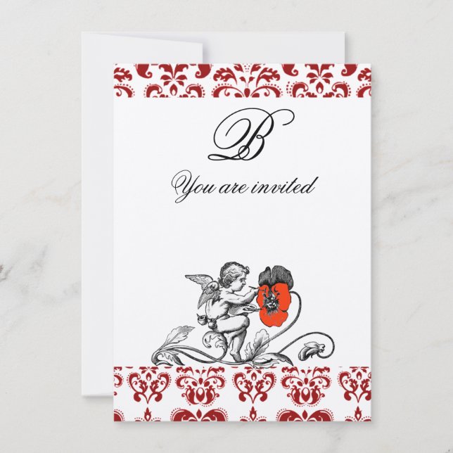 ANGEL PAINTING A RED FLOWER DAMASK MONOGRAM felt Invitation (Front)