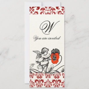 ANGEL PAINTING A RED FLOWER DAMASK MONOGRAM felt Invitation