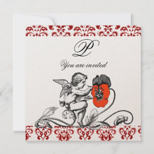 ANGEL PAINTING A RED FLOWER DAMASK MONOGRAM gold Invitation