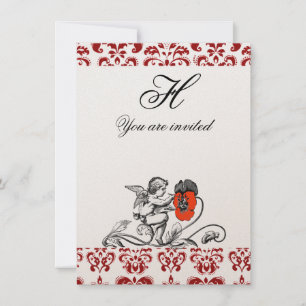 ANGEL PAINTING A RED FLOWER DAMASK MONOGRAM gold Invitation