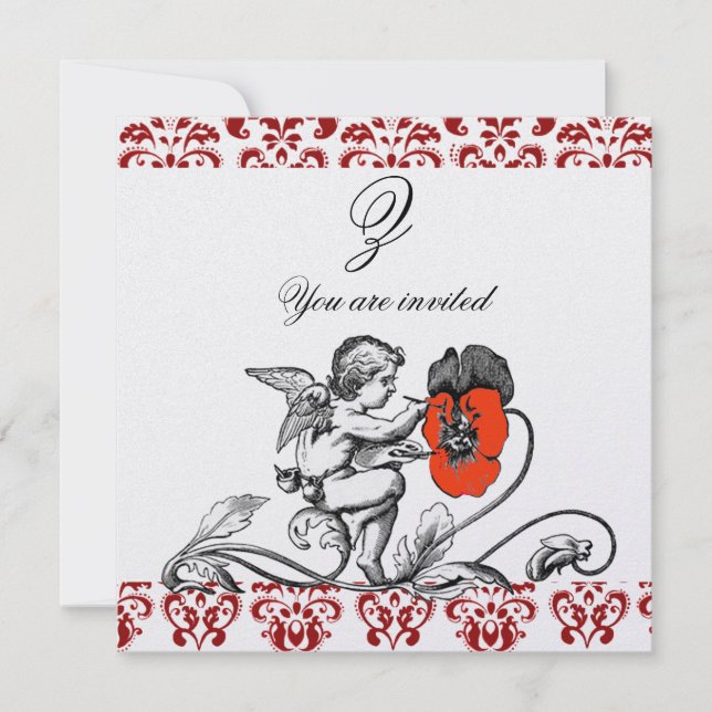 ANGEL PAINTING A RED FLOWER DAMASK MONOGRAM ice Invitation (Front)