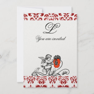 ANGEL PAINTING A RED FLOWER DAMASK MONOGRAM ice Invitation