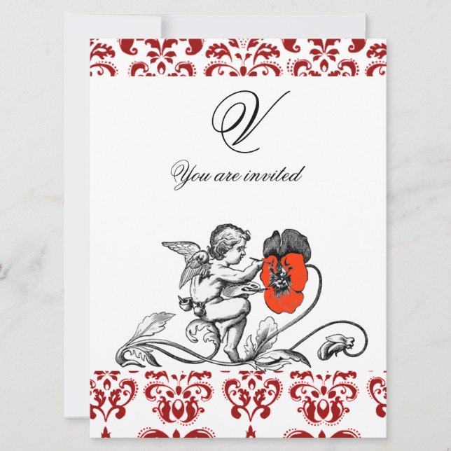 ANGEL PAINTING A RED FLOWER DAMASK MONOGRAM INVITATION (Front)