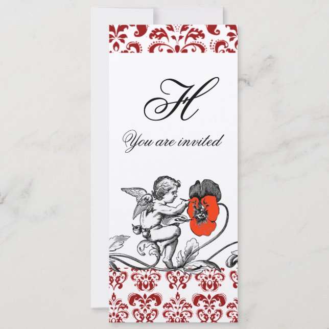 ANGEL PAINTING A RED FLOWER DAMASK MONOGRAM INVITATION (Front)