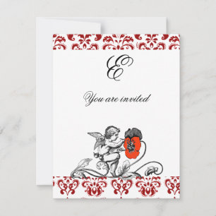 ANGEL PAINTING A RED FLOWER DAMASK MONOGRAM INVITATION