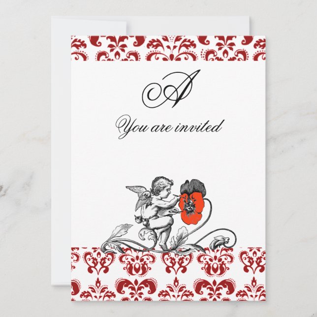 ANGEL PAINTING A RED FLOWER DAMASK MONOGRAM INVITATION (Front)