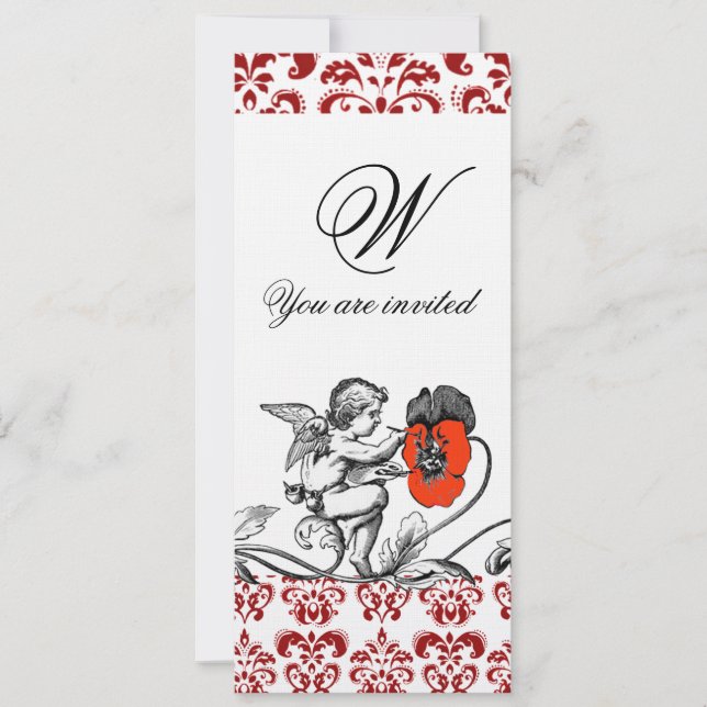 ANGEL PAINTING A RED FLOWER DAMASK MONOGRAM linen Invitation (Front)