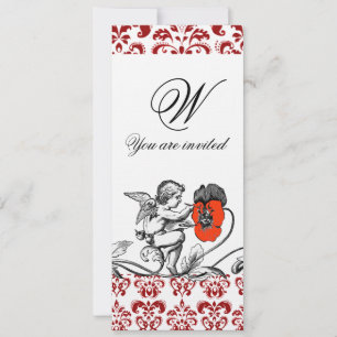 ANGEL PAINTING A RED FLOWER DAMASK MONOGRAM linen Invitation