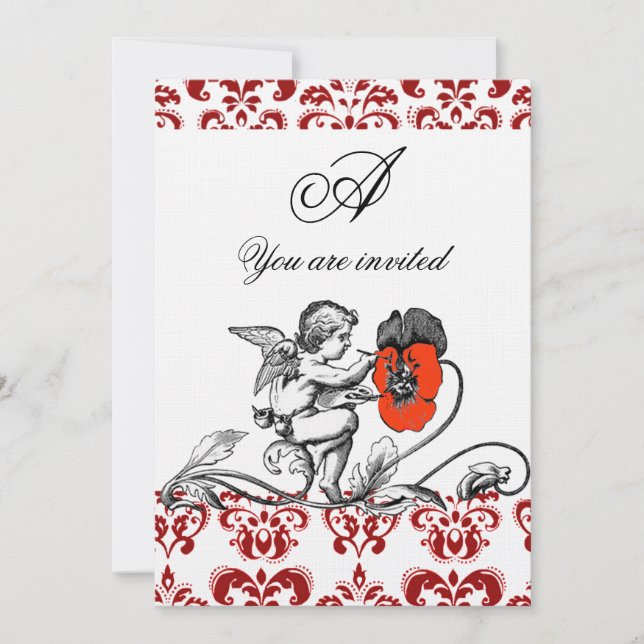 ANGEL PAINTING A RED FLOWER DAMASK MONOGRAM linen Invitation (Front)
